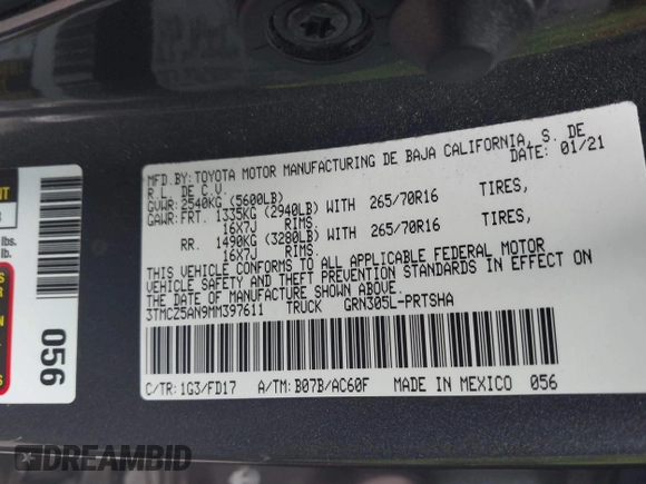 2021 Toyota Tacoma SR z VIN 3TMCZ5AN9MM397611, wystawiony jako IAAI lot #41467705 z przebiegiem 65 191 mil mil oraz . Historia ofert i sprzedaży dostępna na DreamBid. Obrazek 9.
