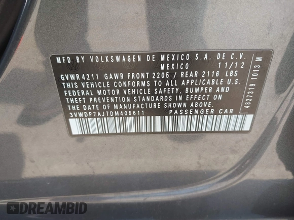 2013 Volkswagen Jetta SE с VIN 3VWDP7AJ7DM405611, выставлен на аукционе IAAI как лот 42189567 с пробегом 184 654 миль миль и . История ставок и продаж доступна на DreamBid. Изображение 9.