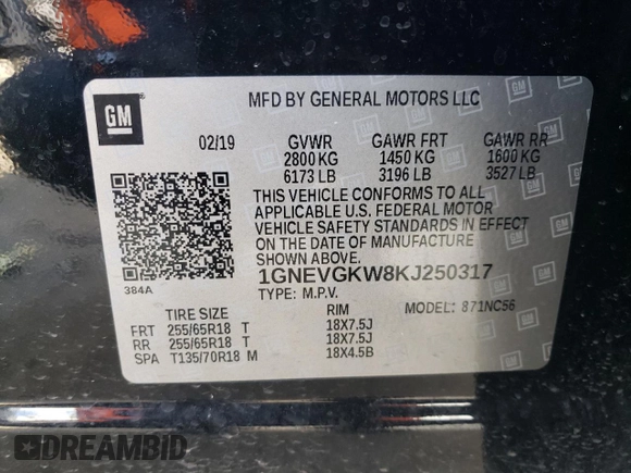 2019 Chevrolet Traverse LT Cloth with VIN 1GNEVGKW8KJ250317, listed as a Copart auction lot 49527954 with 135,231 mi miles and Non Repairable. Bid and sale history available at carsss.com. Image 13.