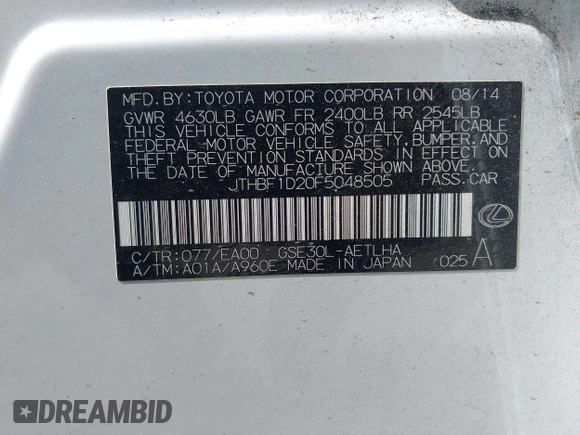 2015 Lexus IS 250 with VIN JTHBF1D20F5048505, listed as a IAAI auction lot 42052694 with 84,280 mi miles and . Bid and sale history available at carsss.com. Image 9.