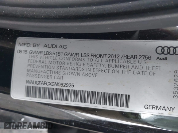 2016 Audi A6 Premium Plus with VIN WAUGFAFCXGN062925, listed as a IAAI auction lot 42016123 with 110,866 mi miles and . Bid and sale history available at DreamBid. Image 9.