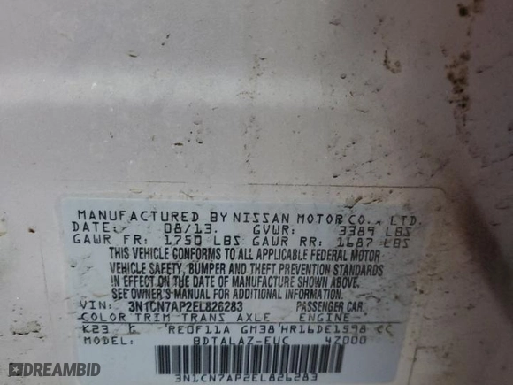 2014 Nissan Versa S Plus with VIN 3N1CN7AP2EL826283, listed as a Copart auction lot 48989185 with 130,955 mi miles and Salvage Title. Bid and sale history available at carsss.com. Image 15.