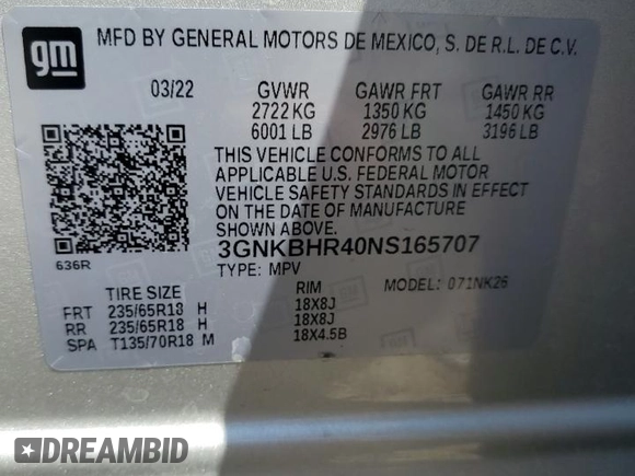 2022 Chevrolet Blazer LT with VIN 3GNKBHR40NS165707, listed as a Copart auction lot 56147245 with Not provided miles and Salvage title. Bid and sale history available at DreamBid. Image 13.