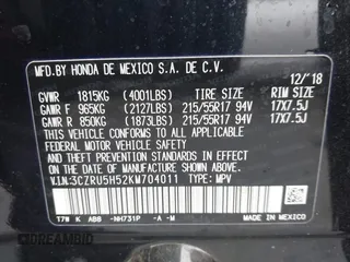 2019 Honda HR-V EX with VIN 3CZRU5H52KM704011, listed as a IAAI auction lot 41616517 with 57,921 mi miles. Bid and sale history available at carsss.com. Image 9.
