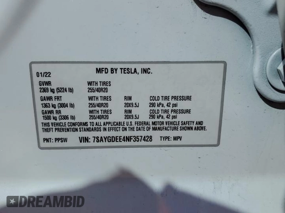 2022 Tesla Model Y Long Range with VIN 7SAYGDEE4NF357428, listed as a Copart auction lot 50345715 with 45,168 mi miles and Salvage Title. Bid and sale history available at carsss.com. Image 14.