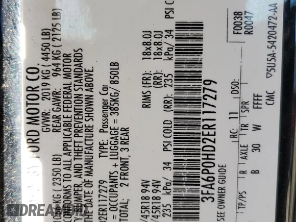 2014 Ford Fusion SE with VIN 3FA6P0HD2ER117279, listed as a Copart auction lot 45292885 with 248,491 mi miles and Non Repairable. Bid and sale history available at DreamBid. Image 13.