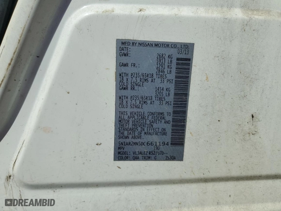 2013 Nissan Pathfinder SV with VIN 5N1AR2MN5DC661194, listed as a Copart auction lot 49689705 with 156,191 mi miles and Salvage Title. Bid and sale history available at carsss.com. Image 14.