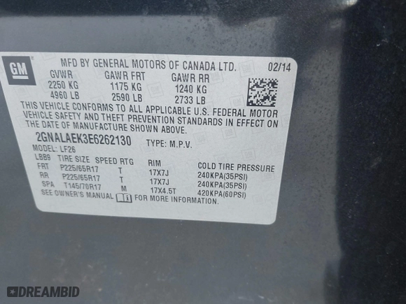 2014 Chevrolet Equinox LS with VIN 2GNALAEK3E6262130, listed as a IAAI auction lot 41932690 with 179,699 mi miles. Bid and sale history available at carsss.com. Image 9.