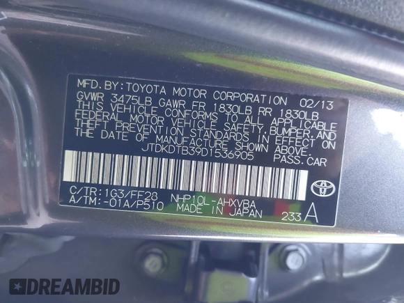 2013 Toyota Prius One with VIN JTDKDTB39D1536905, listed as a IAAI auction lot 41962613 with 212,078 mi miles and . Bid and sale history available at DreamBid. Image 9.