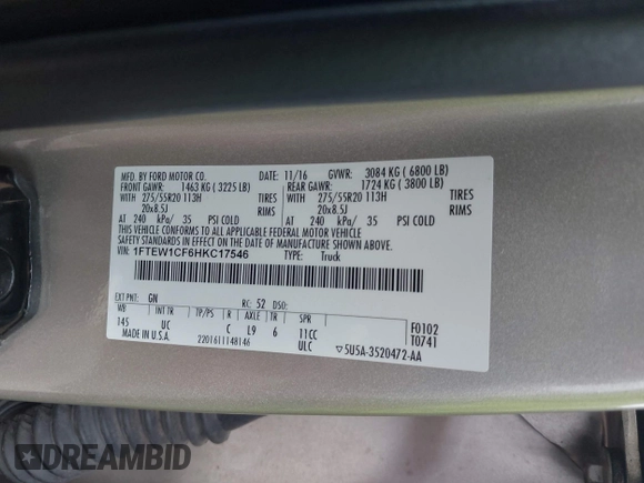 2017 Ford F-150 XL with VIN 1FTEW1CF6HKC17546, listed as a IAAI auction lot 42149944 with 142,979 mi miles and . Bid and sale history available at DreamBid. Image 9.
