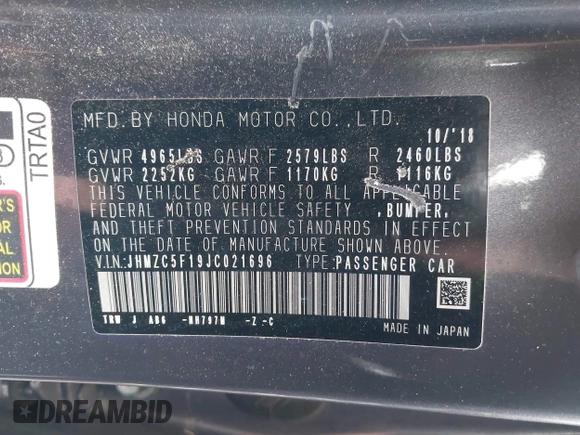 2018 Honda Clarity Plug-In Hybrid with VIN JHMZC5F19JC021696, listed as a IAAI auction lot 41920191 with 1 mi miles. Bid and sale history available at carsss.com. Image 9.