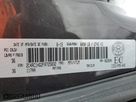 2015 Chrysler Town & Country S with VIN 2C4RC1HG2FR725832, listed as a Copart auction lot 41791145 with 196,273 mi miles and Clean Title. Bid and sale history available at DreamBid. Image 13.