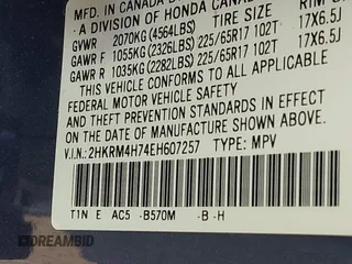 2014 Honda CR-V EX-L with VIN 2HKRM4H74EH607257, listed as a IAAI auction lot 41801147 with 67,145 mi miles. Bid and sale history available at carsss.com. Image 9.