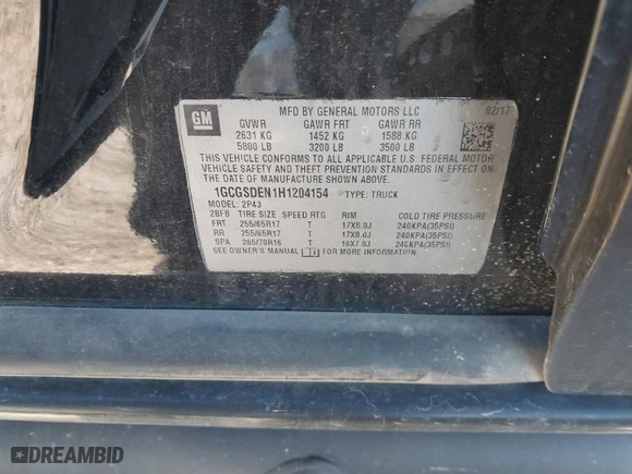 2017 Chevrolet Colorado 2WD Z71 with VIN 1GCGSDEN1H1204154, listed as a IAAI auction lot 41055794 with 117,554 mi miles. Bid and sale history available at carsss.com. Image 9.