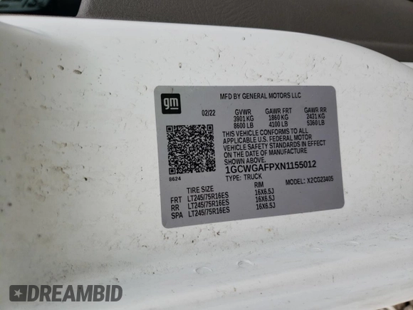 2022 Chevrolet Express Cargo with VIN 1GCWGAFPXN1155012, listed as a Copart auction lot 62039645 with 30,890 mi miles and Salvage title. Bid and sale history available at DreamBid. Image 13.