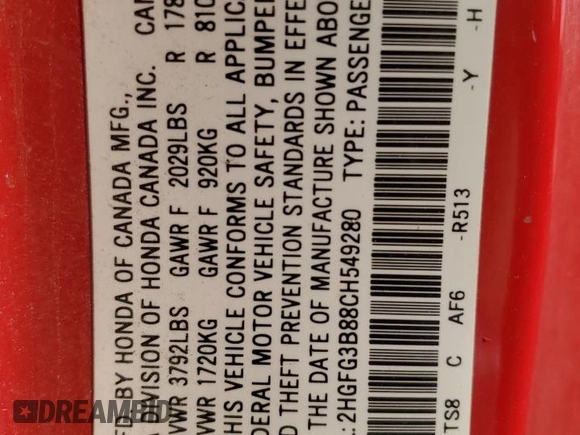 2012 Honda Civic Cpe EX with VIN 2HGFG3B88CH549280, listed as a Copart auction lot 48884105 with 126,324 mi miles and Salvage Title. Bid and sale history available at carsss.com. Image 15.
