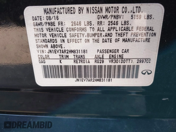 2017 Infiniti Q50 Premium with VIN JN1EV7AR2HM831181, listed as a IAAI auction lot 41804867 with 80,686 mi miles and . Bid and sale history available at DreamBid. Image 9.
