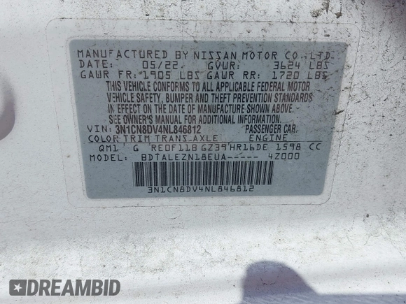 2022 Nissan Versa S with VIN 3N1CN8DV4NL846812, listed as a IAAI auction lot 41802614 with 30,624 mi miles and . Bid and sale history available at DreamBid. Image 9.