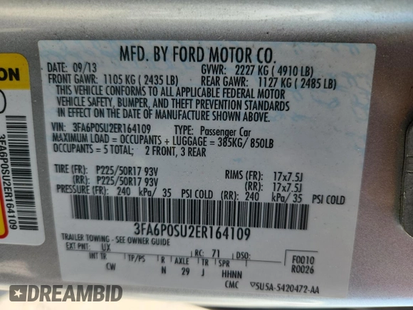 2014 Ford Fusion Titanium with VIN 3FA6P0SU2ER164109, listed as a Copart auction lot 62234175 with 130,324 mi miles and Clean title. Bid and sale history available at DreamBid. Image 12.