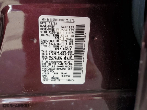 2013 Nissan Murano S with VIN JN8AZ1MW9DW311562, listed as a Copart auction lot 73962274 with 71,192 mi miles and Salvage Title. Bid and sale history available at carsss.com. Image 15.