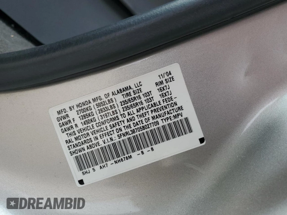 2005 Honda Odyssey EX-L with VIN 5FNRL38705B027709, listed as a Copart auction lot 55569185 with 204,295 mi miles and Clean Title. Bid and sale history available at DreamBid. Image 13.