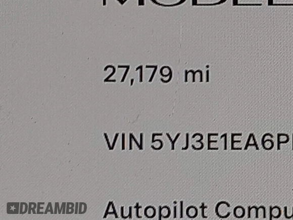2023 Tesla Model 3 with VIN 5YJ3E1EA6PF655510, listed as a IAAI auction lot 41948480 with 27,179 mi miles and . Bid and sale history available at carsss.com. Image 14.
