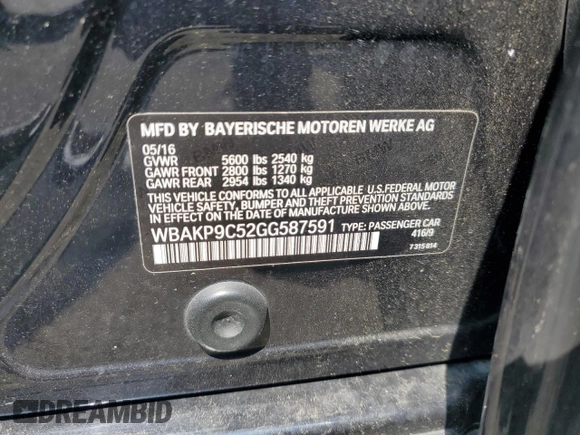 2016 BMW 5 Series 550i xDrive with VIN WBAKP9C52GG587591, listed as a Copart auction lot 58402505 with 94,384 mi miles and Salvage title. Bid and sale history available at DreamBid. Image 12.