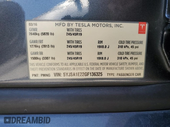 2016 Tesla Model S 90D z VIN 5YJSA1E22GF136325, wystawiony jako Copart lot #65238105 z przebiegiem 182 196 mil mil oraz Szkoda całkowita • Salvage title. Historia ofert i sprzedaży dostępna na DreamBid. Obrazek 12.