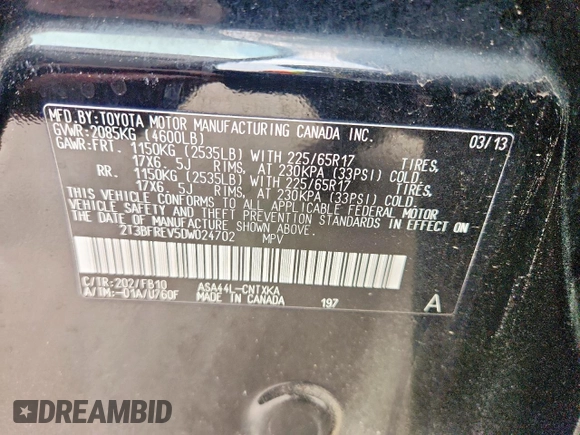 2013 Toyota RAV4 LE с VIN 2T3BFREV5DW024702, выставлен на аукционе Copart как лот 57450875 с пробегом 167 197 миль миль и Списание • Salvage title. История ставок и продаж доступна на DreamBid. Изображение 13.