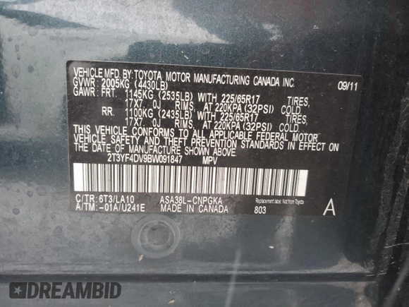 2011 Toyota RAV4 Ltd with VIN 2T3YF4DV9BW091847, listed as a Copart auction lot 44732995 with 110,735 mi miles and Salvage Title. Bid and sale history available at carsss.com. Image 12.