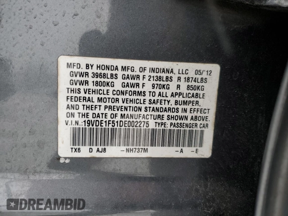 2013 Acura ILX Premium Pkg with VIN 19VDE1F51DE002275, listed as a Copart auction lot 41733675 with 186,136 mi miles and Salvage Title. Bid and sale history available at carsss.com. Image 12.