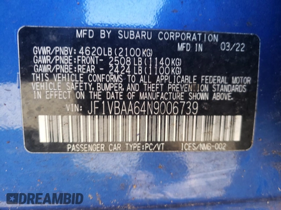 2022 Subaru WRX with VIN JF1VBAA64N9006739, listed as a Copart auction lot 54883615 with 23,724 mi miles and Salvage title. Bid and sale history available at DreamBid. Image 12.