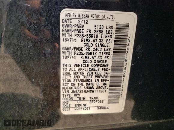2012 Nissan Murano S with VIN JN8AZ1MU4CW111301, listed as a Copart auction lot 71676304 with 177,210 mi miles and Salvage Title. Bid and sale history available at carsss.com. Image 12.