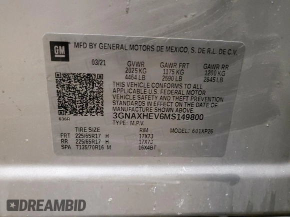 2021 Chevrolet Equinox LS with VIN 3GNAXHEV6MS149800, listed as a Copart auction lot 46214275 with 49,107 mi miles and Non Repairable. Bid and sale history available at DreamBid. Image 12.