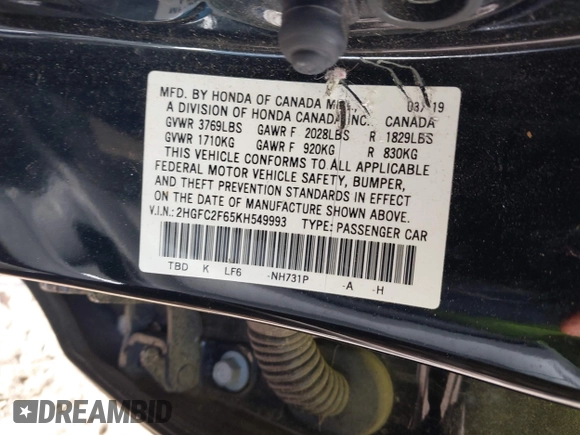 2019 Honda Civic LX with VIN 2HGFC2F65KH549993, listed as a IAAI auction lot 40394538 with 92,951 mi miles and . Bid and sale history available at DreamBid. Image 9.