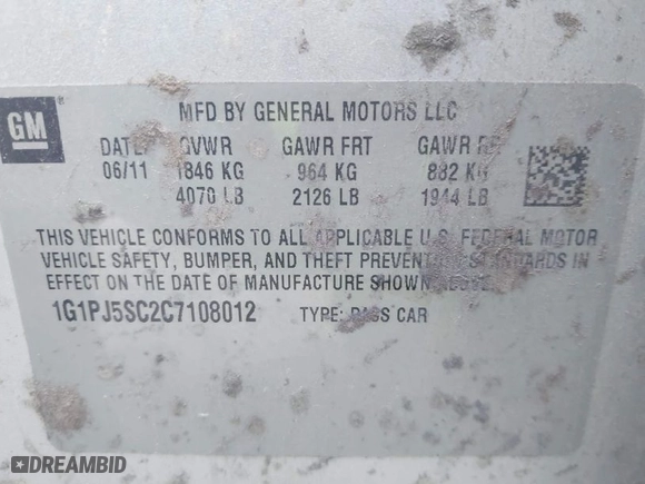 2012 Chevrolet Cruze ECO with VIN 1G1PJ5SC2C7108012, listed as a IAAI auction lot 41545582 with 148,884 mi miles. Bid and sale history available at carsss.com. Image 9.