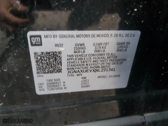 2022 Chevrolet Equinox LT with VIN 3GNAXUEVXNL231341, listed as a Copart auction lot 85413714 with 42,242 mi miles and Non Repairable. Bid and sale history available at carsss.com. Image 15.