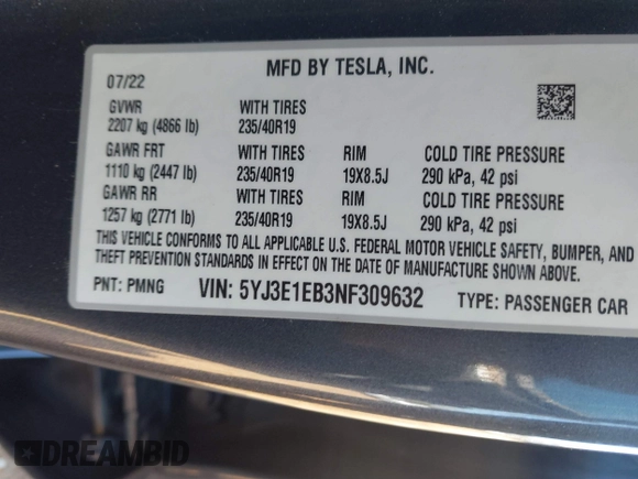 2022 Tesla Model 3 Long Range with VIN 5YJ3E1EB3NF309632, listed as a IAAI auction lot 41808987 with Not Provided miles and . Bid and sale history available at DreamBid. Image 8.