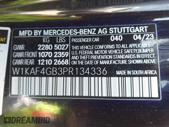 2023 Mercedes-Benz C 300 with VIN W1KAF4GB3PR134336, listed as a IAAI auction lot 42011045 with 13,460 mi miles and . Bid and sale history available at DreamBid. Image 9.