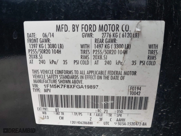 2015 Ford Explorer Limited with VIN 1FM5K7F8XFGA19897, listed as a IAAI auction lot 41960086 with 139,509 mi miles. Bid and sale history available at carsss.com. Image 9.