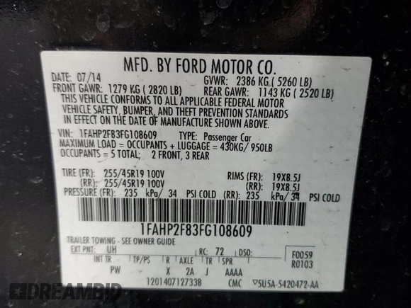 2015 Ford Taurus Limited with VIN 1FAHP2F83FG108609, listed as a Copart auction lot 54232115 with 113,110 mi miles and Salvage Title. Bid and sale history available at DreamBid. Image 12.