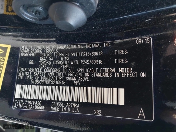 2015 Toyota Highlander LE with VIN 5TDBKRFH0FS210916, listed as a IAAI auction lot 41695145 with 123,236 mi miles. Bid and sale history available at carsss.com. Image 9.