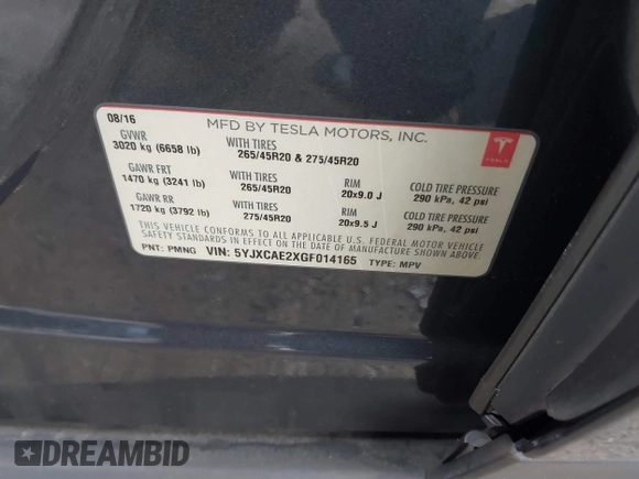 2016 Tesla Model X 70D z VIN 5YJXCAE2XGF014165, wystawiony jako IAAI lot #41474490 z przebiegiem 112 967 mil mil oraz . Historia ofert i sprzedaży dostępna na DreamBid. Obrazek 9.