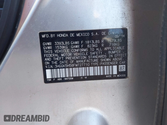 2015 Honda Fit LX with VIN 3HGGK5H58FM727710, listed as a IAAI auction lot 42208290 with 121,552 mi miles. Bid and sale history available at carsss.com. Image 9.