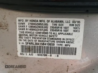 2005 Honda Odyssey EX with VIN 5FNRL38415B410659, listed as a Copart auction lot 58535455 with 198,250 mi miles and Salvage title. Bid and sale history available at DreamBid. Image 14.