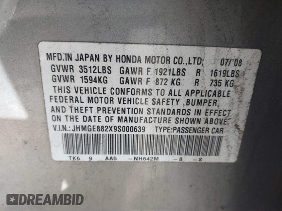 2009 Honda Fit with VIN JHMGE882X9S000639, listed as a IAAI auction lot 42308524 with 211,128 mi miles and . Bid and sale history available at DreamBid. Image 9.