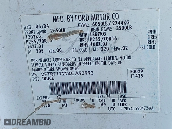 2004 Ford F-150 XL с VIN 2FTRF17224CA93993, выставлен на аукционе IAAI как лот 41676653 с пробегом Не указан миль и . История ставок и продаж доступна на DreamBid. Изображение 9.