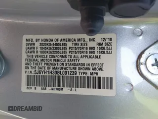 2011 Honda Element LX with VIN 5J6YH1H30BL001239, listed as a IAAI auction lot 41146543 with 98,302 mi miles and . Bid and sale history available at DreamBid. Image 9.