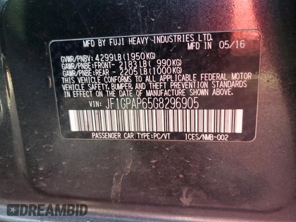 2016 Subaru Impreza Special Sports Premium with VIN JF1GPAP65G8296905, listed as a Copart auction lot 86274674 with 147,610 mi miles and Salvage title. Bid and sale history available at DreamBid. Image 12.