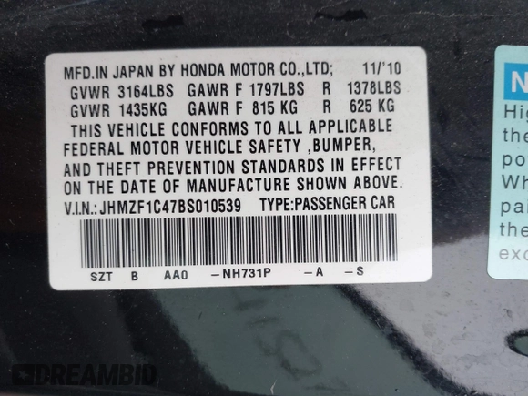 2011 Honda CR-Z with VIN JHMZF1C47BS010539, listed as a IAAI auction lot 41527070 with 166,212 mi miles. Bid and sale history available at carsss.com. Image 9.